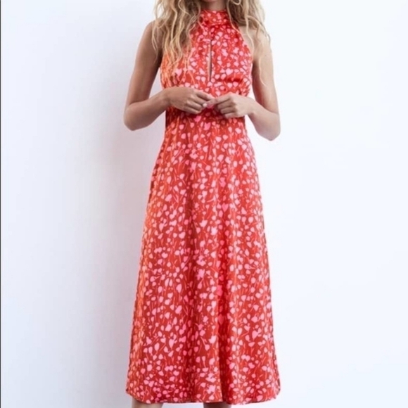 New Zara Printed Tie Halter Neck Sleeves Blogger Favorite Red/Pink Midi Dress XS - Picture 5 of 13